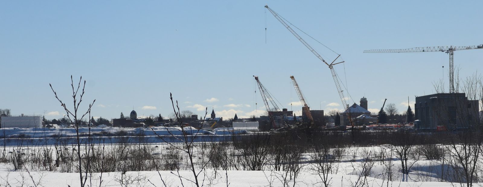 Construction cranes above a snow-covered field on a clear winter day