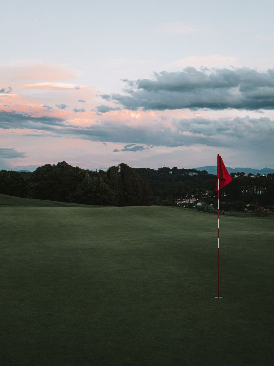 A red pin flag on a golf green at dusk, under a pink and grey evening sky