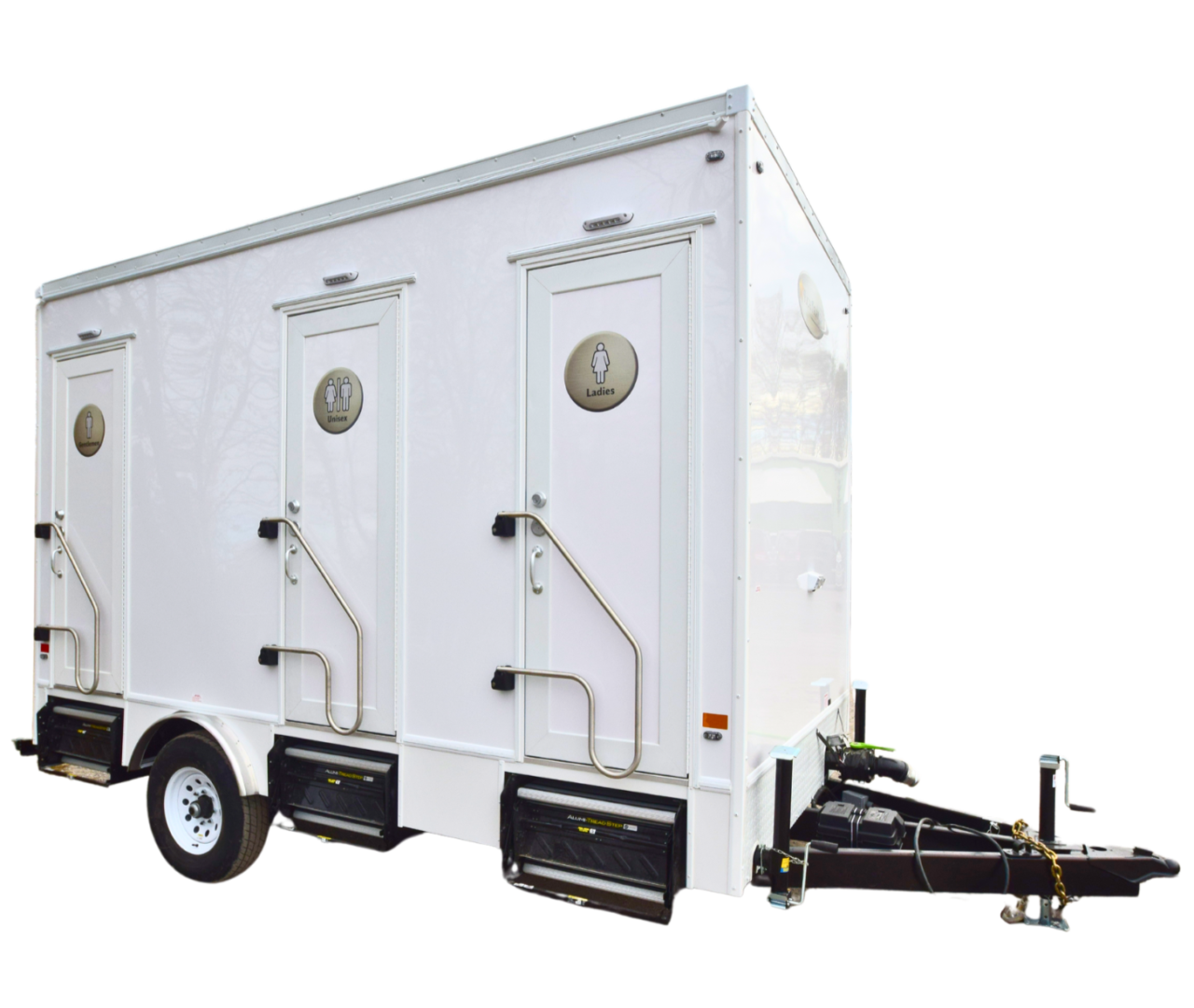 Side view of the three-stall washroom trailer with its three doors and steps